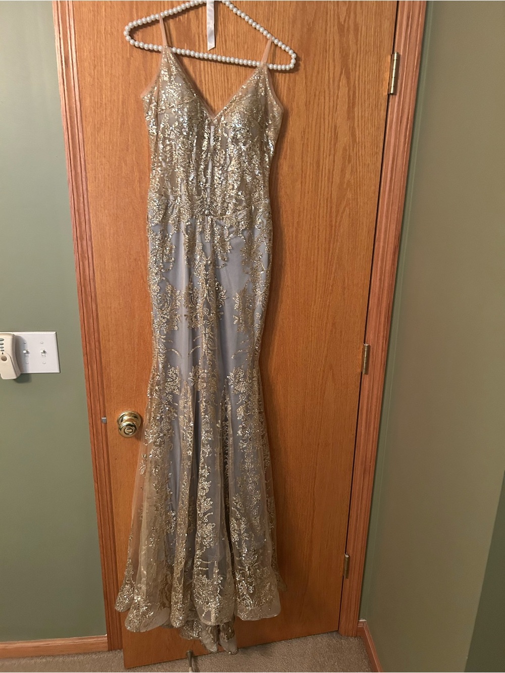Embellished V-Neck Prom Gown in Gold and Gray